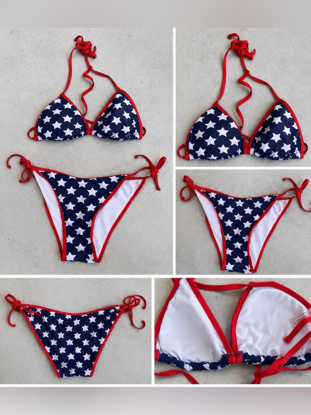 USA Flag Stars String Bikini Set Size Medium Red White Blue Patriotic Swimwear